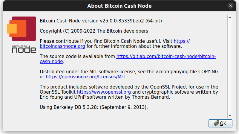 Bitcoin Cash Node &quot;About&quot; window showing v25.0.0