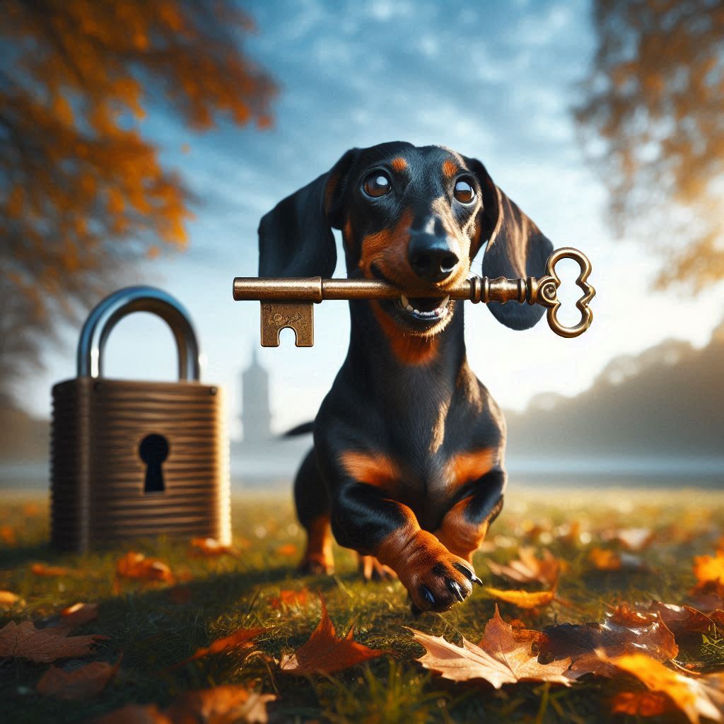 A dachshund running with a key in its mouth with an open padlock in the background - Microsoft Copilot AI-generated image